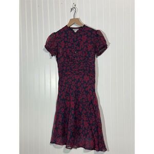 VTG dELiA*s Floral Midi Dress 90s Y2K Puff Sleeve Flare Navy Red S Ruched Waist